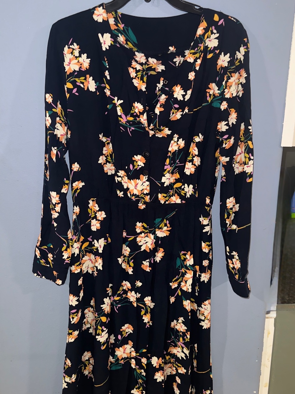 SHEIN Navy Floral Long Sleeve Midi Dress with Peach Blossoms